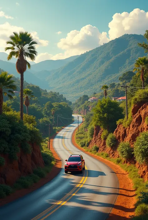 Generate an image for me that has a road in a Venezuelan landscape that says Merry Christmas and a Toyota icon