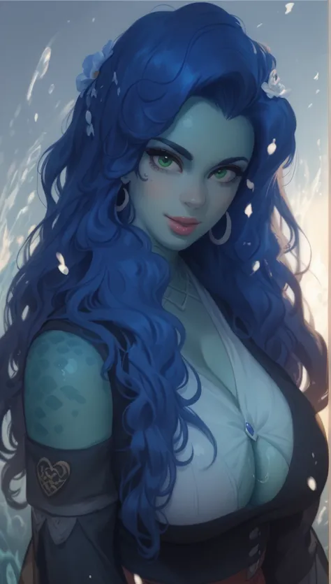 huge breasts, croptop, big boobs, large breasts, cleavage, boobs ,                                                 A digital illustration of a humanoid female with blue, flowing hair and green eyes. She has a smooth, teal-colored skin with scale-like textu...