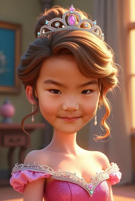 A lovely princess smiling while looking straight ahead. Animation style.
The face is also in animation style. Make the size ratio of the face and body 1:7.