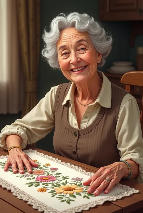 A happy elderly woman showing her cross stitch work on a table runner
