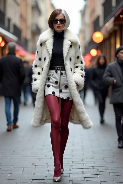 A half brown-half silver-haired woman with dark red thick tights, white fur coat with black dots, black blouse, long sheer white organza pencil skirt, silver heels in Köln street