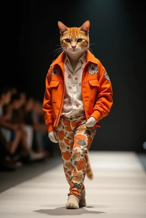  The cat model walking on the fashion show 。The cat is wearing a bright orange and flower-patterned jacket， A white shirt with a pattern ， and pants with a cat pattern 。The cat has a serious expression ， with a focused gaze 。 The background is dim ， emphas...