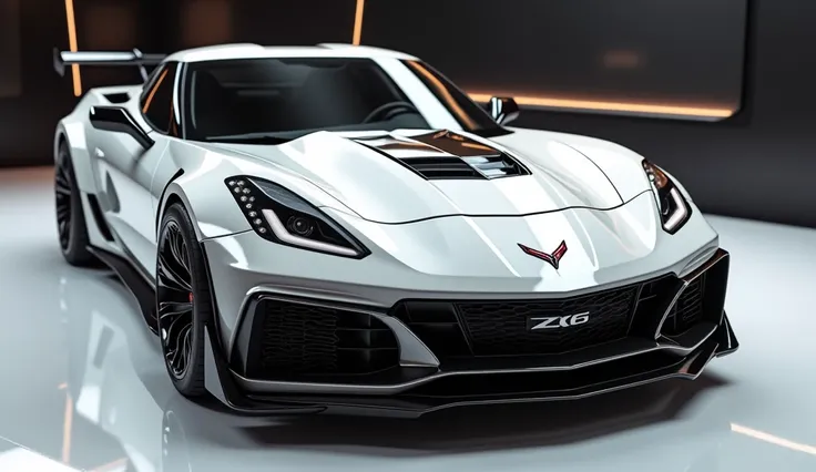 create an ultra-detailed 3D render, of a modern Chevrolet Corvette Z06 with a bold design looking long like limousine captured from close back view. The car should feature a white color and white accents with a   Corvette Z06 logo on its front, a large whi...