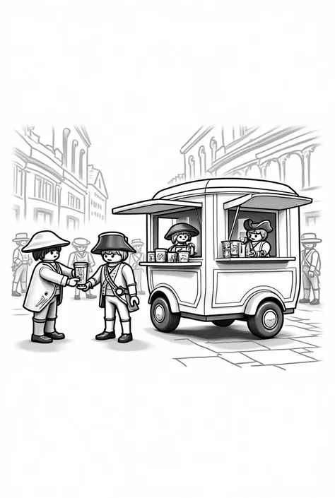 Personnages playmobiles qui servent à boire depuis une camionnette bar. Les clients sont des marcheurs napoleoniens. Le dessin est en lignes claires noir et blanc.