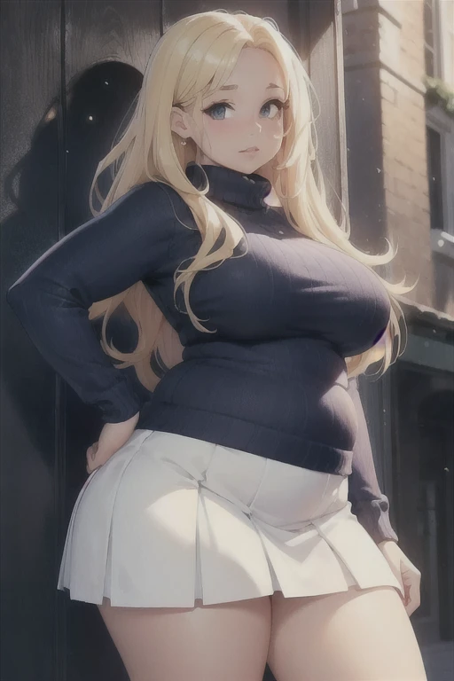 (Best quality), (high resolution), (detailed), curvy girl, long hair, blonde, polo,blue sweater, short white skirt, thick lips, gorgerous, curvy, (slightly chubby), (miniskirt)