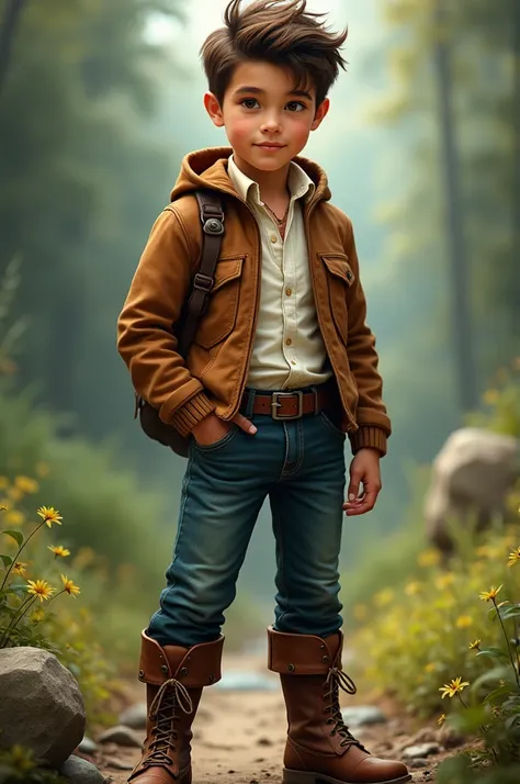  Create an image of a handsome boy in a brown jacket, a white shirt underneath , jeans and braided boots  