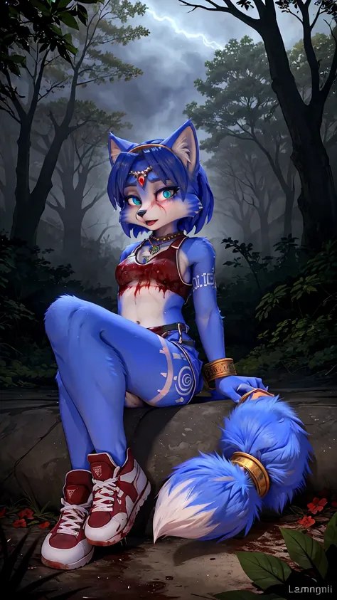 ((krystal)), Star Fox-Krystal, liebenswert, grüne Augen, (((Lange blaue Haare 1.3))), Dekolleté, anthro, Pelzig,  detailed Flaumigs fell, detailliertes Gesicht, (Flaumig), 1 Mädchen,crop top,  sneakers, small breasts, ,  blood-soaked clothes, blood on face...