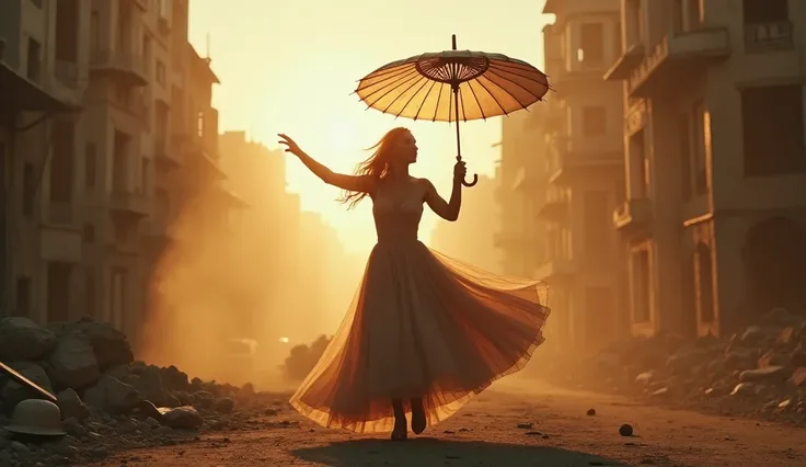 A graceful beautifull big breast woman twirls through a decimated city center, holding a parasol, its pointed edge gleaming in the dying light. The camera captures her movement in wide, fluid shots, with the parasol cutting through the smoke-filled air, li...