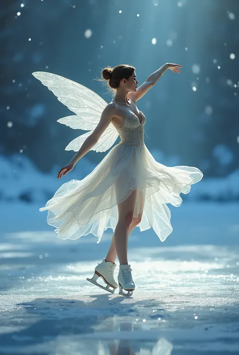 Fairy on Ice 、 Elegant Dance Scenes Fascinating with Beautiful Ice Skaters。 Beautiful Figure Skater Dress 、The Light Shines 、 high image quality、masterpiece。