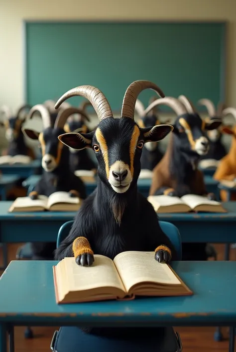 The image shows a classroom setting with rows of blue desks, each holding open books. A group of black and yellow  goats is sitting at the desks, appearing to be engaged in a simulated classroom environment.