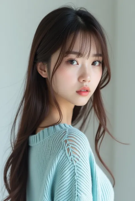 Create an image
Realistic back view
long straight hair
Realistic texture
brown hair
Japanese women
pale blue knitted clothes
white wall
Realistic atmosphere
straight hair
Hair style shooting