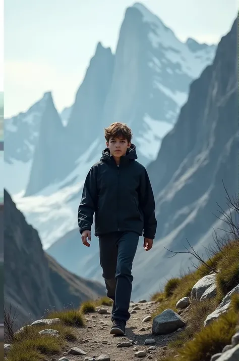 Youth in black jacket walking on mountain 