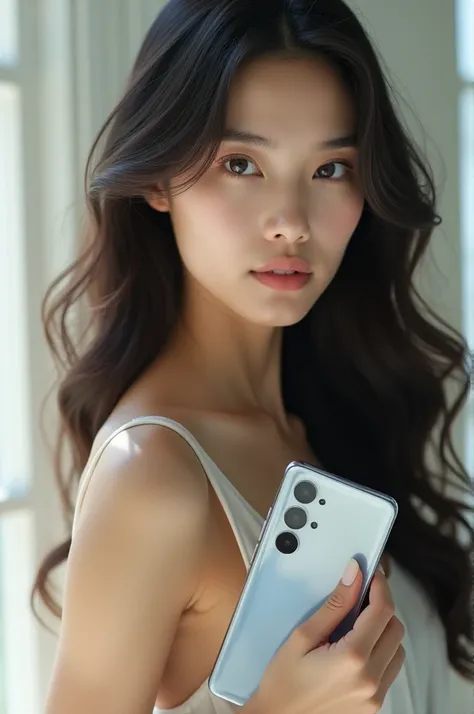 
Beautiful girl holding Samsung Galaxy Z fold 3 smartphone