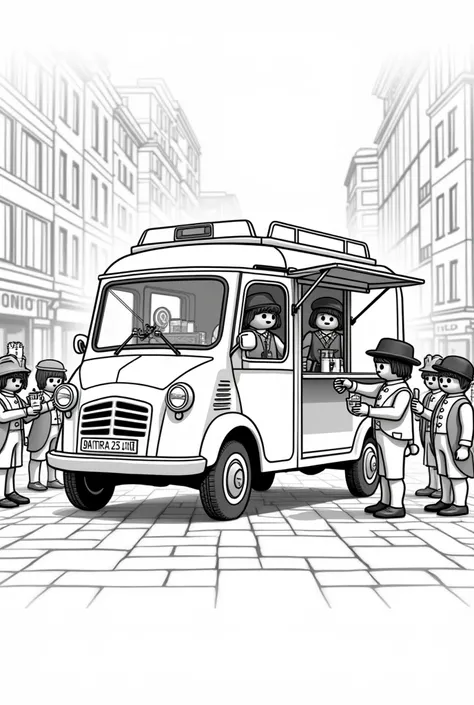 Personnages playmobiles qui servent à boire depuis une vielle camionnette bar citroen. Les clients sont des marcheurs napoleoniens. Le dessin est en lignes claires noir et blanc.