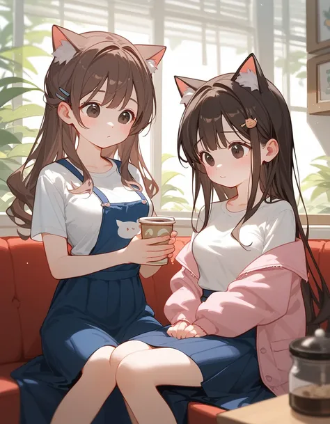  ,Shy, in black eyes, dark brown hair,Long hair,younger sister,Blue long skirt , White T-Shirt, Light Pink Jacket,cute, Medium Breasts,stand,Hairpin ,Red-cheeked shear,thin,high,thinเพรียว, in a cat cafe,,Sitting with a kitten ,ยิ้มแย้มcute