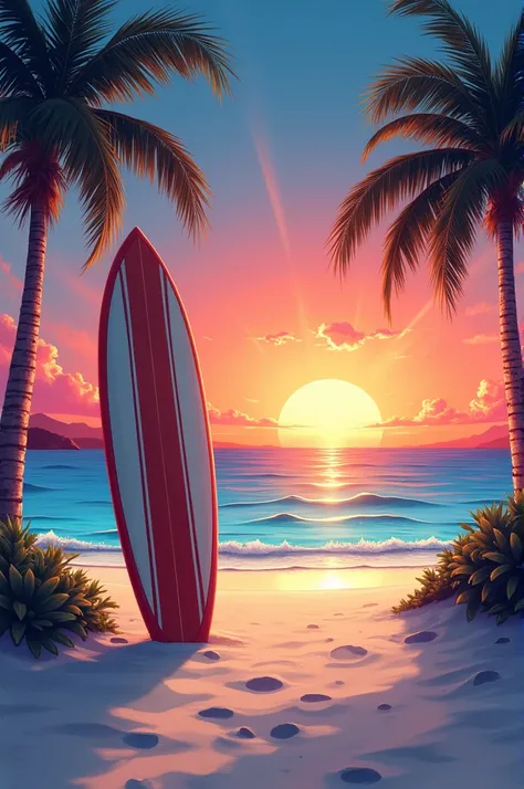 A highly detailed and vibrant illustration of a tropical sunset scene: a calm beach with white sands, palm trees gently swaying in the breeze, and a radiant sun setting on the horizon, casting orange, pink, and purple hues across the sky and reflecting on ...