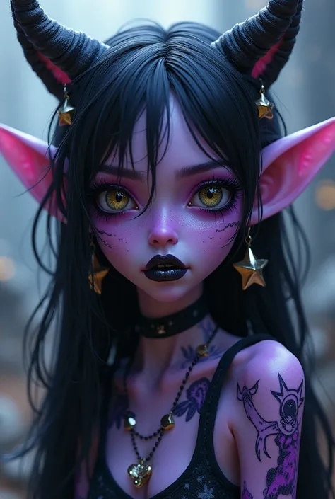 Melanie Martinez nymph creature but diff six eyes alien ears with stars one them droopy elf ears purple skin black lips big eyes lashes that are pretty ripped grunge styled fairy outfit racoon patterned on her body has star earrings and a space character t...