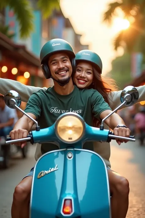 "A young couple riding a classic blue Vespa scooter through a vibrant Indonesian city. The man in front wears a dark green casual shirt with the Aries logo prominently displayed on the chest and a matching helmet, looking warmly into the camera. The woman ...