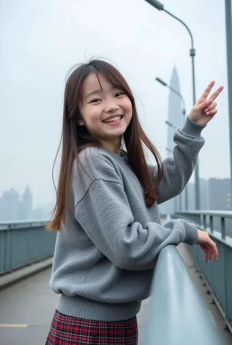 
Prompt:
Captured at eye-level on a cloudy day, a young Asian girl with long brown hair, wearing a gray sweater and a plaid skirt. She is standing on a bridge, smiling and looking at the camera. The girls right arm is raised, her left hand is resting on th...