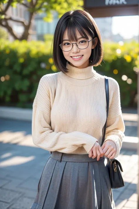 (8k, RAW photo, photorealistic, HQ, masterpiece), (whole body, full body), a cute Japanese girl,(glowing eyes), 
(shy smile), Rimless Glasses, brown hair, fluffy Pixie Bob hair, large breasts, curvy, (A big baggy wool sweater layered over a simply long ski...