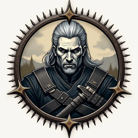 Create a ,  team logo following the circular pattern of a baseball team using a drawing image of a witcher, ave