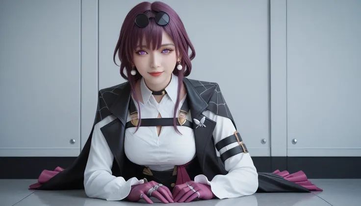 One Girl,Kafka, Purple eyes, Purple Hair, bangs, Side Lock, Please put your glasses on your head, earring, White shirt, Collared shirt, Long sleeve black jacket, Jacket on shoulders, Harness, Large Breasts, Purple gloves, Black shorts, High Waist Shorts, P...