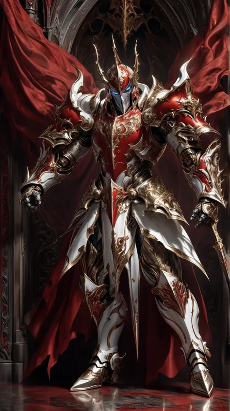 is possessed by a demon, a holy knight commander.A full-body image of an adult male . muscular body .Wear white gold holy knight armor. Eyes Deep Red . standing inside a mysterious black and red church.Bold composition.Metal Armor Tight Fit
