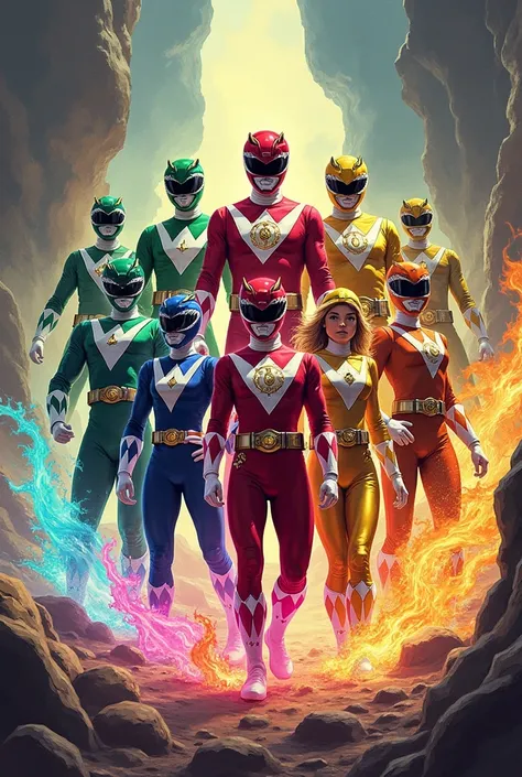 Create a image of power rangers wild fury, there maximum of 8 rangers the males green, red, blue, gold, white the Females pink, yellow, orange they have elemental power depending to there color