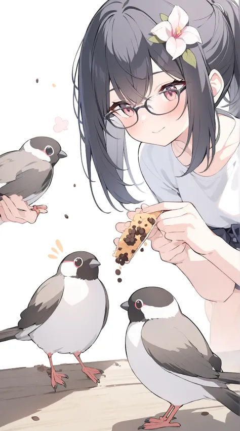 Black hair, glasses, feeding Java sparrows