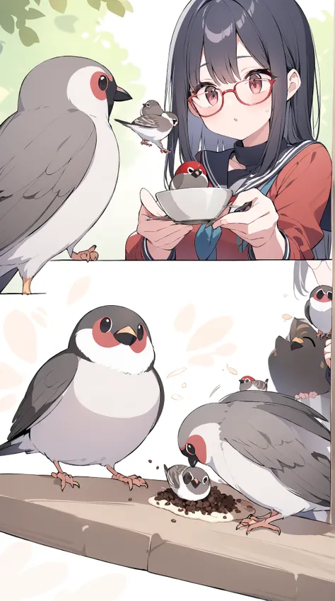 Black hair, glasses, feeding Java sparrows