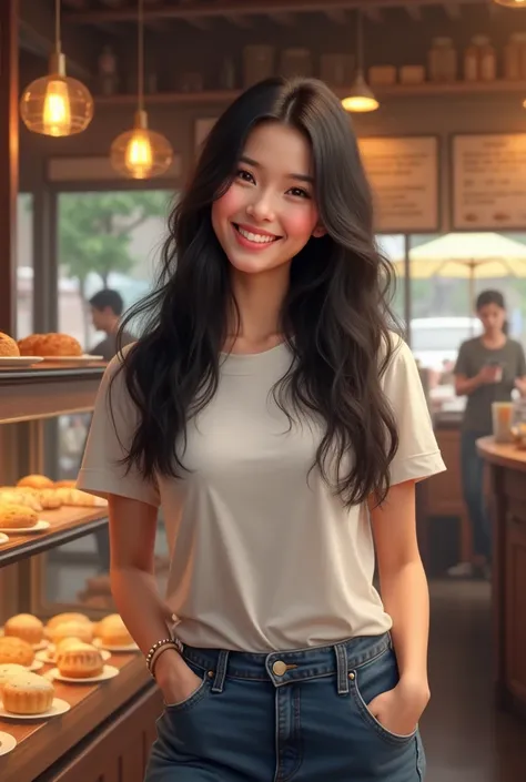  create a realistic portrait , high resolution,Thai Woman ,Long black hair,Wear a t-shirt,Long jeans,stand,ในร้านขายเบเกอรี่,ร่าเริง,มีความสุข