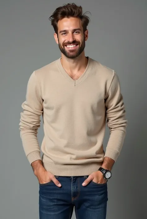 Un homme entre 28 et 33 ans, avec un look soigné et moderne. Il dégage une image de confiance et de simplicité. Visage légèrement angulaire, barbe de trois jours bien entretenue, sourire accueillant, yeux marron ou noisette. Cheveux courts, coiffés avec un...