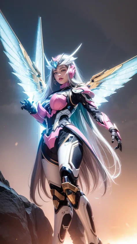 masterpiece,  top quality,  1 girl, Alone,  perfect face, looking at viewer,  form-fitting clear vinyl, Long Blue Hair,  gray eyes,  blue-white skin, Xianyaogaoda, Mecha,  pink armor with white part,  armor,  helmet ,   Line Art,  dimly illuminated ,  disc...