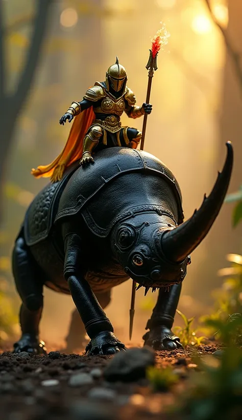 Miniature Warrior and a Rhinoceros Beetle
A macro photograph of a miniature warrior clad in gleaming golden armor, riding atop a massive black rhinoceros beetle with a polished horn. The warrior wields a tiny spear tipped with a glowing ember of red fire, ...