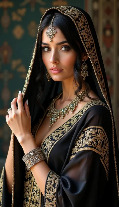 a woman in a veil posing for a picture, arabic goddess, traditional beauty, arabic, beautiful goddess, ornate cosplay, indian style, arabic super model, beautiful maiden, gorgeous woman, middle eastern with long, provocative arabic, gorgeous beautiful woma...