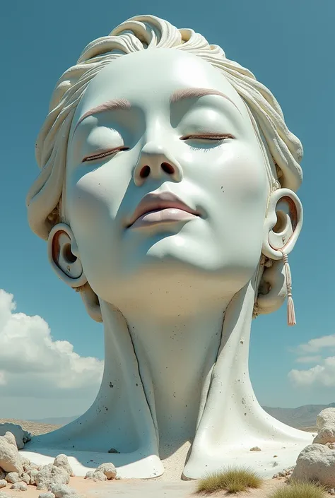 Image Generation: Envision a more massive structure within the same surreal and speculative fiction world, now incorporating the face of a Showa-era Japanese beauty, exuding inner happiness and serenity. Her face should be meditative, with closed eyes and ...