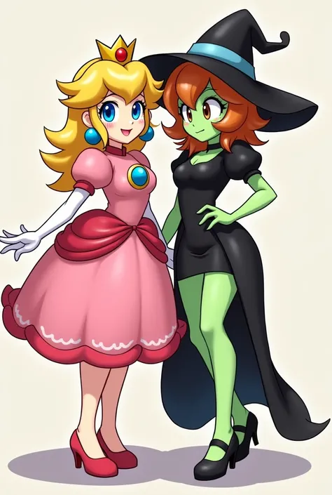 Princess Peach, wearing her typical pink dress, standing next to Green-Faced Princess Daisy, who has short brown hair, and is wearing a black witch hat and sexy black dress. The are both standing at each others side, facing the front screen.