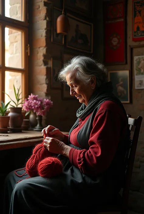 A dark room: An old Turkish woman is sitting with a ball of yarn in her hand. She is knitting. The sun shines on the womans rosy cheek through the window. Photos and textiles from the past on the wall. 1300s.