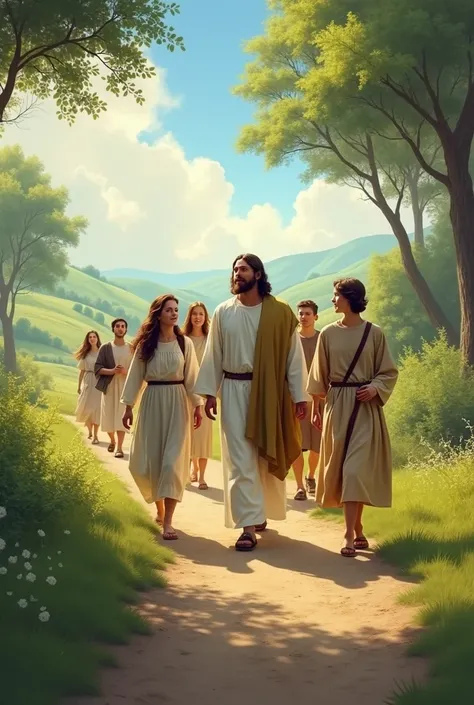 Young adults walking along a path accompanied by Jesus