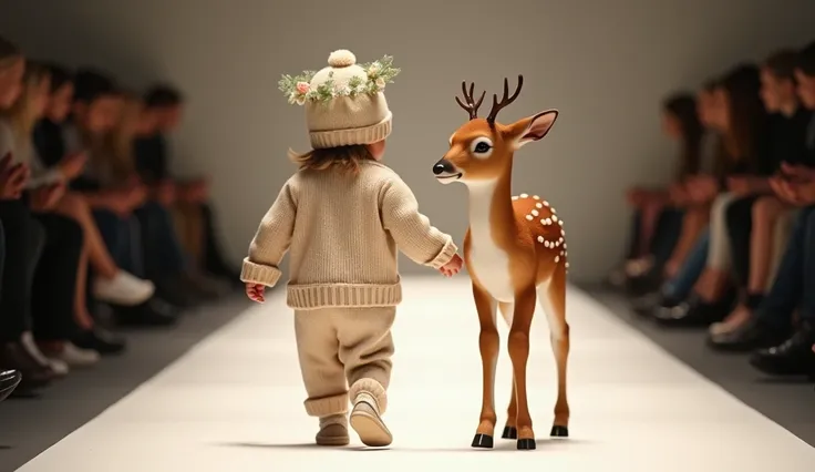 A fashion runway scene featuring a toddler walking hand in hand with a realistic young deer. The toddler is dressed in a cozy knitted outfit in a beige color, complete with matching socks and a hat adorned with delicate green foliage and white flowers. The...