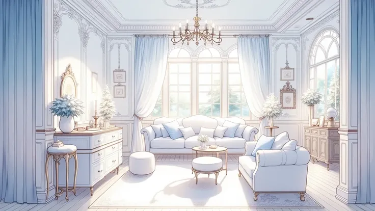 anime , kawaii , Wide windows , I can see a snowy landscape outside , There is a picture of the living room 、 with sofas and chairs。, Interior background art  , Cozy home background, cozy  against the living room ,  against the living room ,  beautiful aes...