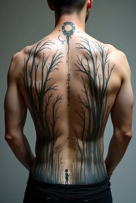 Tattoo depicting hazy lines , on which birds fly ,  notes and trees wilting in places - covers his entire back.   The lines continue to the clavicle where there is a snake tongue at the end.