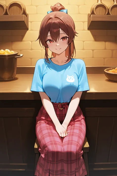 A woman in a ponytail enjoying a highball at a Japanese-style tavern　blue t-shirt and plaid long skirt