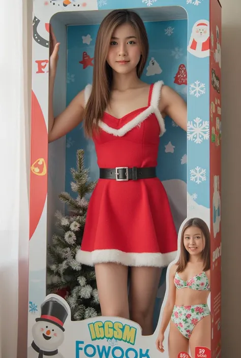 This image depicts a life-sized display box resembling toy packaging. Inside the box stands a young woman wearing a Santa-inspired red dress with white fur trim and a black belt. The background includes a small Christmas tree and festive decorations. The p...