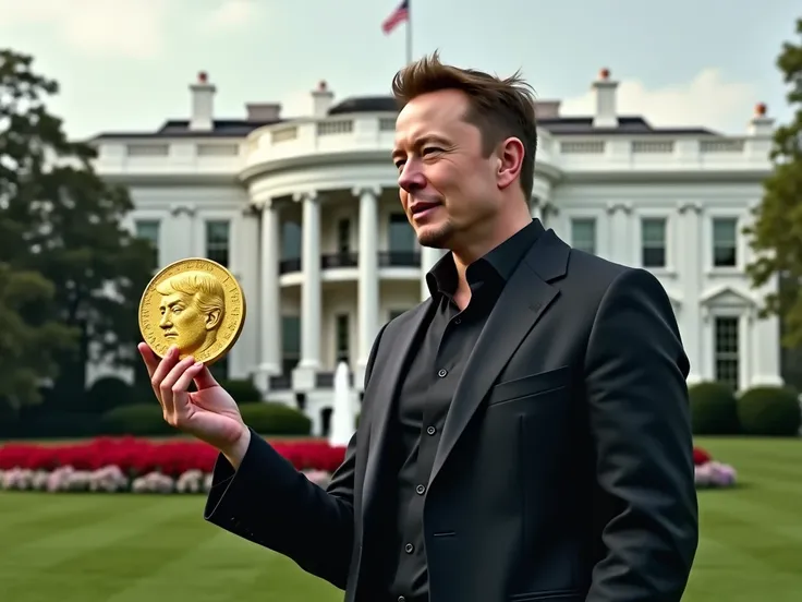 Eleon Musk at the White House in the United States ,  showing a Roman gold coin with Donald Trumps face