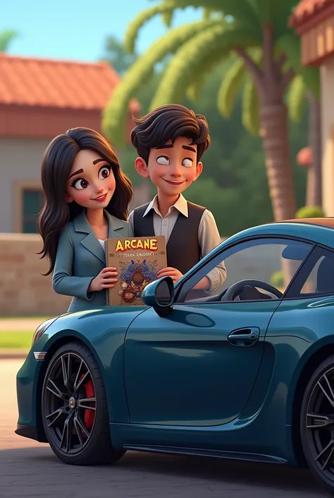 Picture a dark blue car , and next to her is a couple, a girl with dark hair is beautiful and a guy with dark hair is handsome, both of them should be happy to buy 4K Arcane 