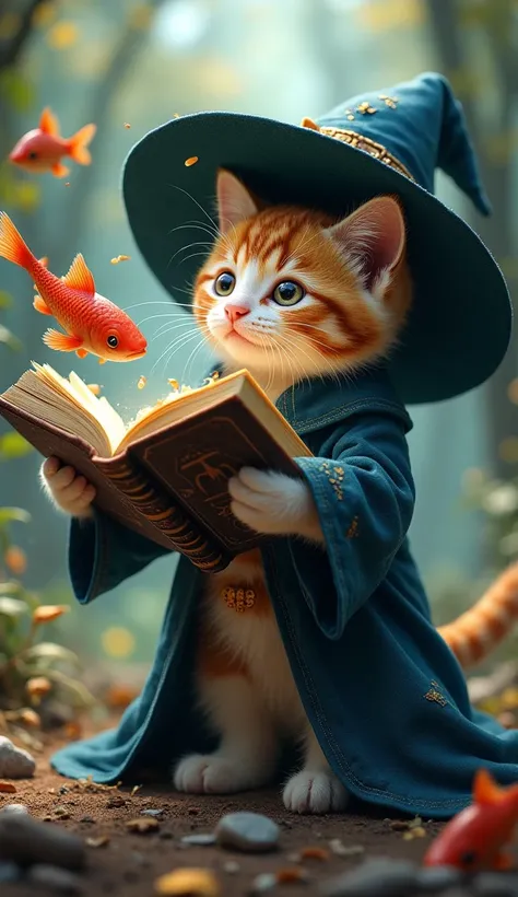 amazing quality, masterpiece, best quality, hyper detailed, ultra detailed, UHD, perfect anatomy, magic world,
(kitten and fish:1.4), fish in the air, spell magic to get fresh fish as food,( fish jumping from magic book:1.3), energy flow,
a full body of a ...