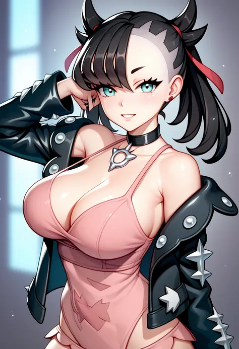  animated illustration, Big Breasts,Busty, big breasts , best quality, masterpiece, pokemonmarnie,smile, punk rock,