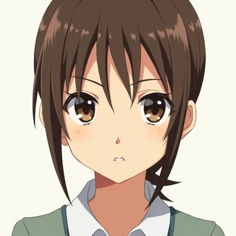  Create a girl with brown eyes, brown hair and tied,  A serious expression . In the style of the anime kaguya-sama .
The image should frame her from the waist up.