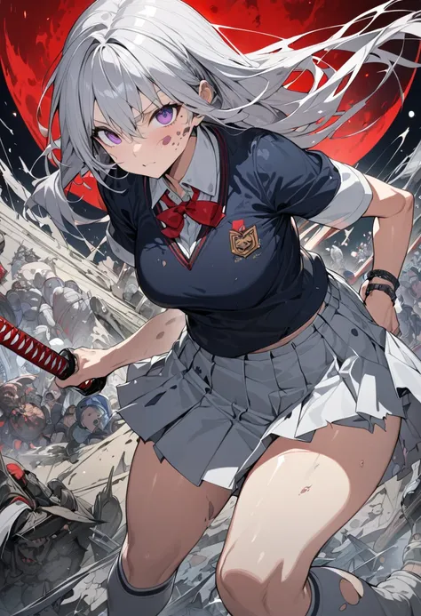  (best quality),(very aesthetic),(ultra-detailed),(best illustration),( highres icon), (beautiful),(masterpiece),(extremely detailed face),High school girl fighting against hordes of zombies in ruins,1girl,Alone,silver hair,long hair,wide hip,huge thigis ,...